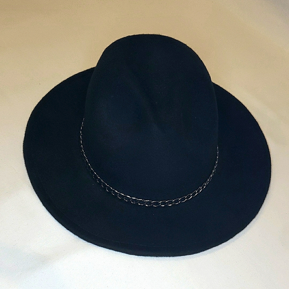 Black Structured Flat Brim Oxidized Chain Detail Panama Style Hat
